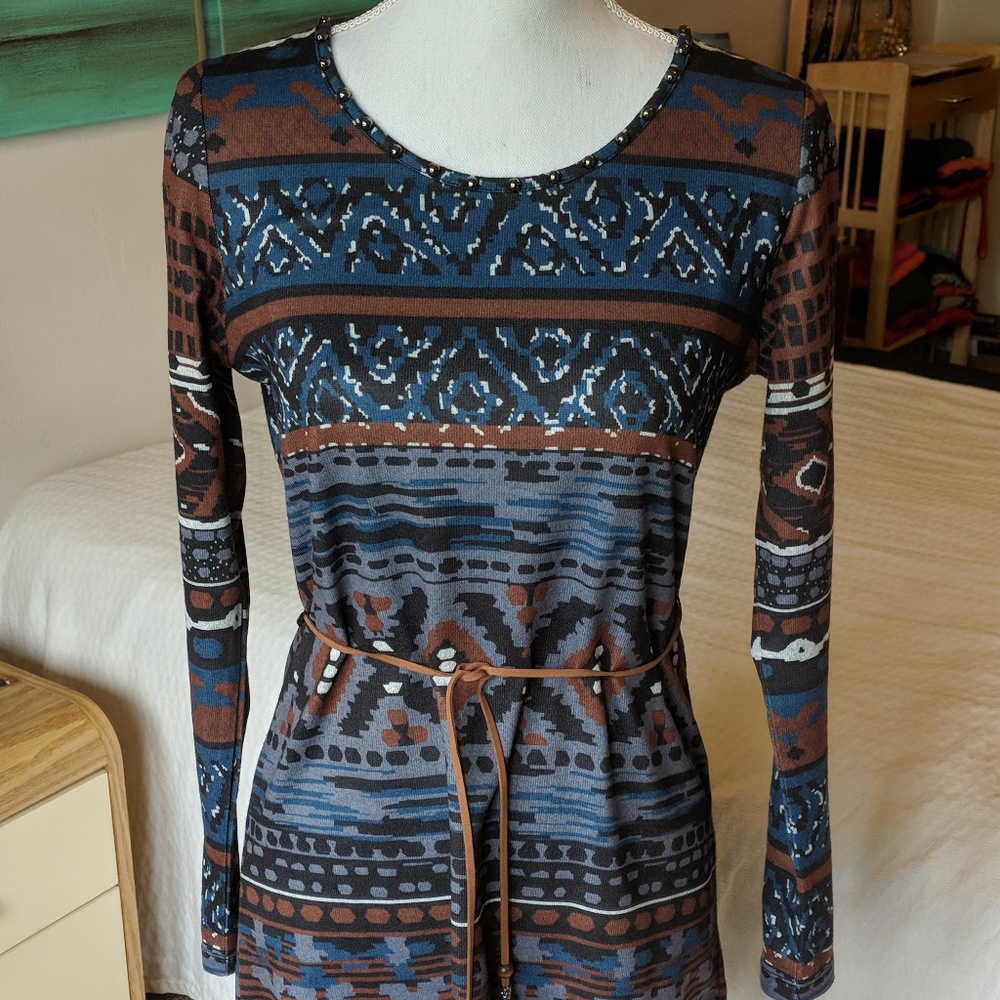 Tribal jeans belted bohemian tunic dress